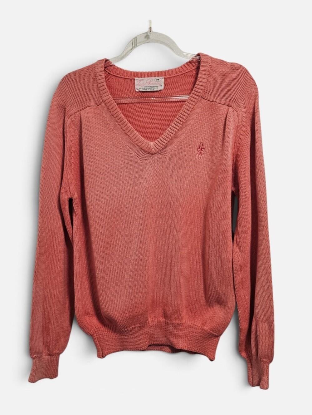 Vintage Lady Pickering Coral Pink Knit Sweater VNeck 100% Cotton Size Medium